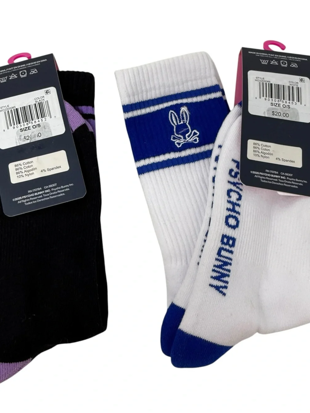 Psycho Bunny Mens 2 pair Sport White Black Socks One Size‎ New